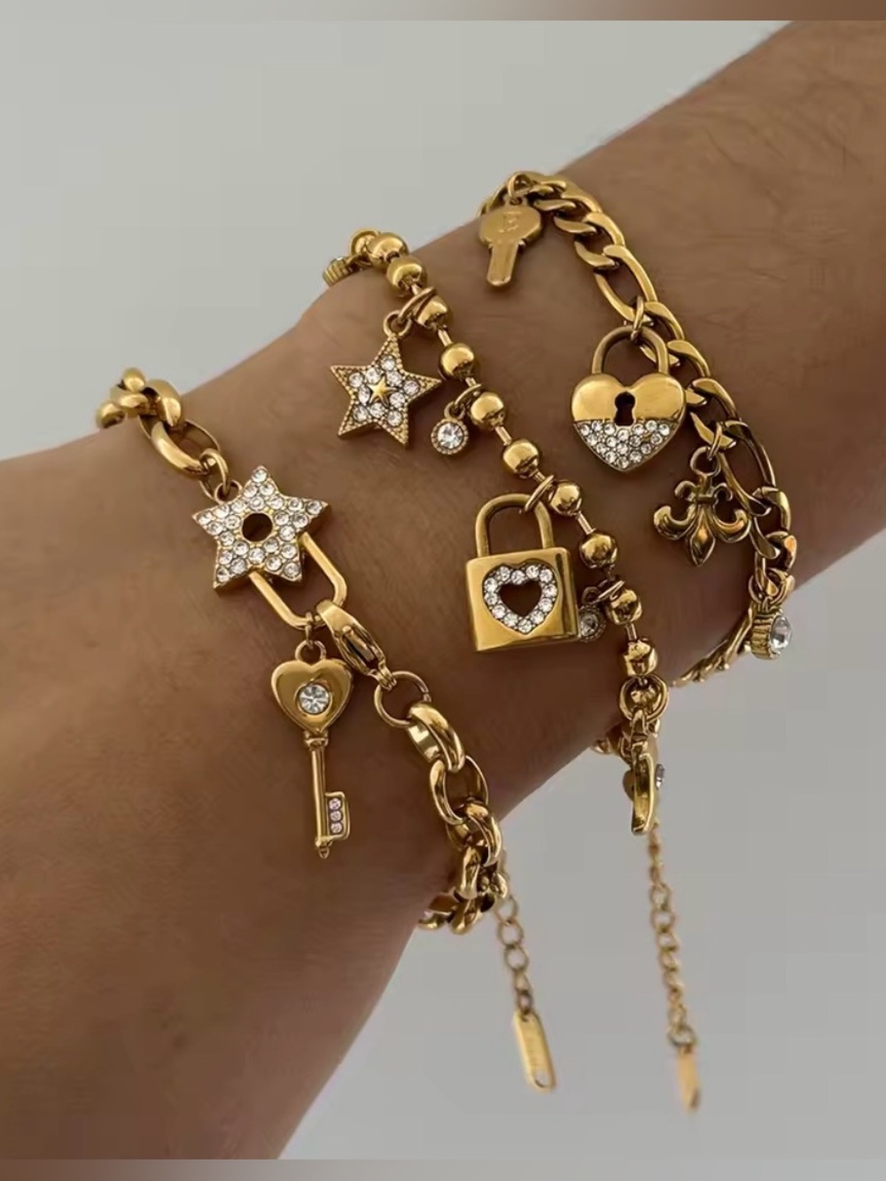 Gold Heart Padlock Charm Bracelet with Key and Crystal Accents - Women's Jewelry - Picture 2 of 2